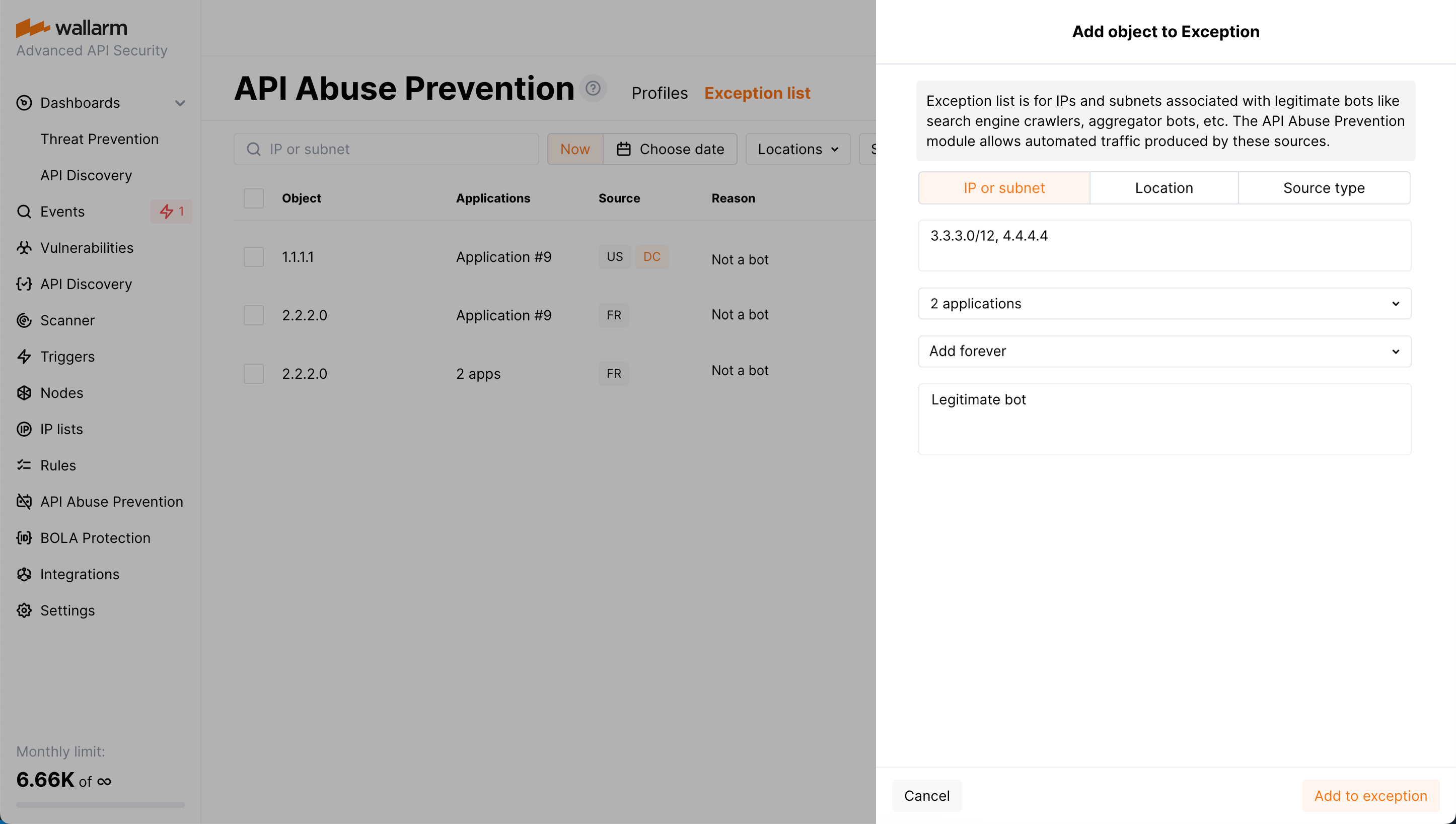 API Abuse prevention - adding items from inside exception list