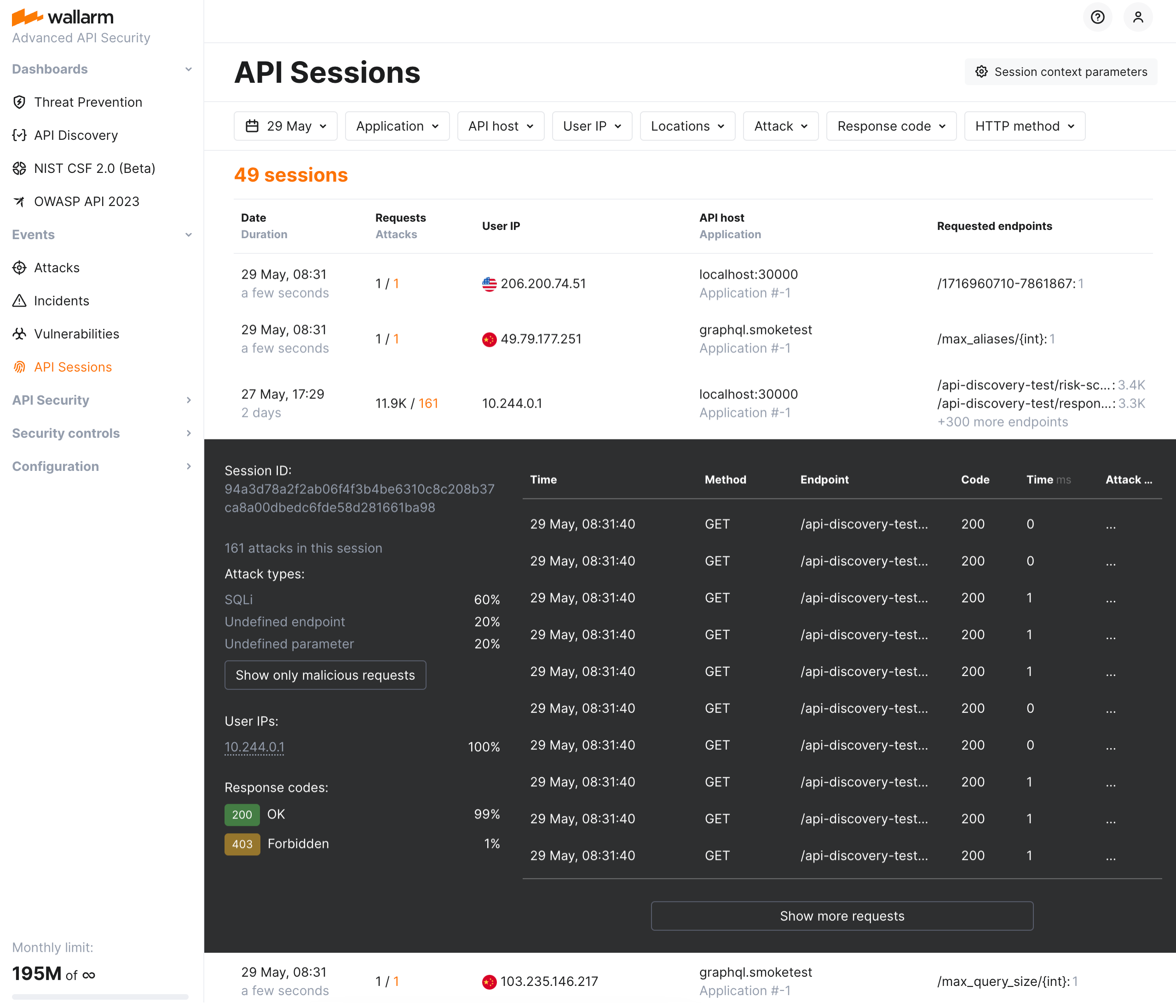 !API Sessions section - monitored sessions