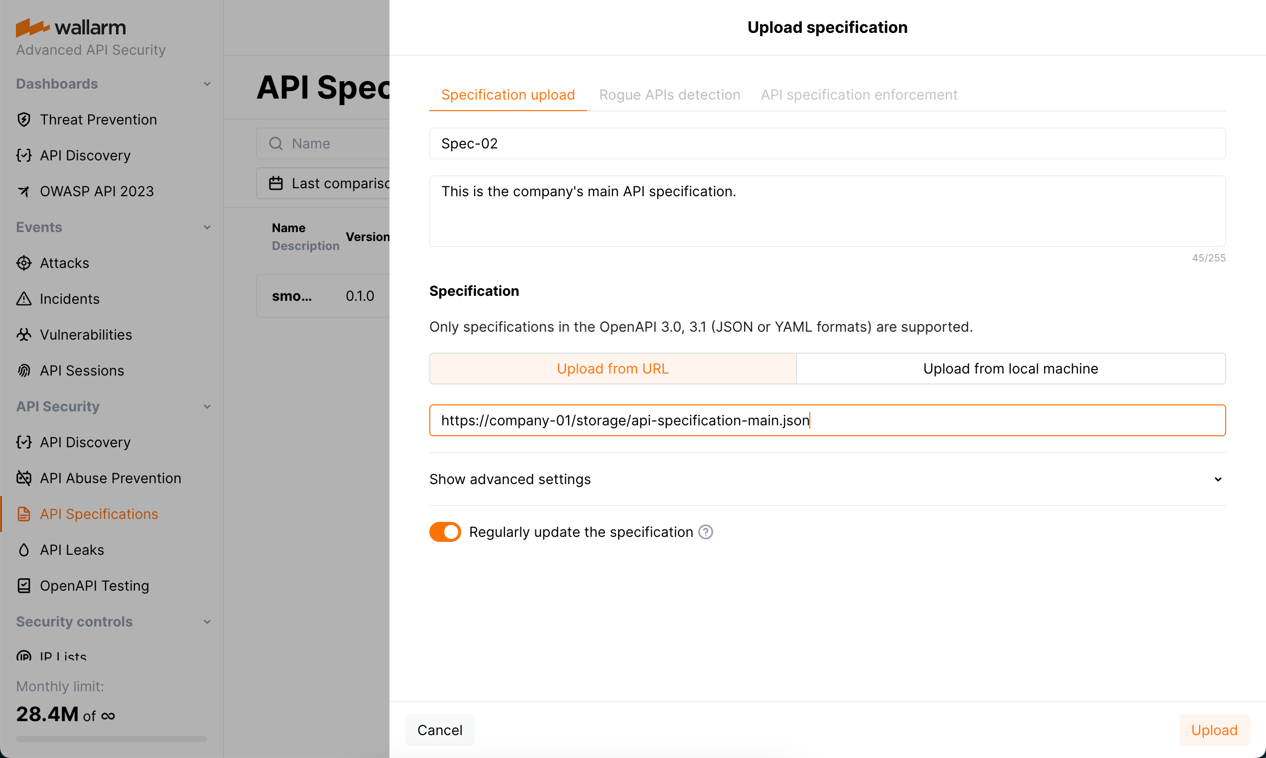 Upload specification