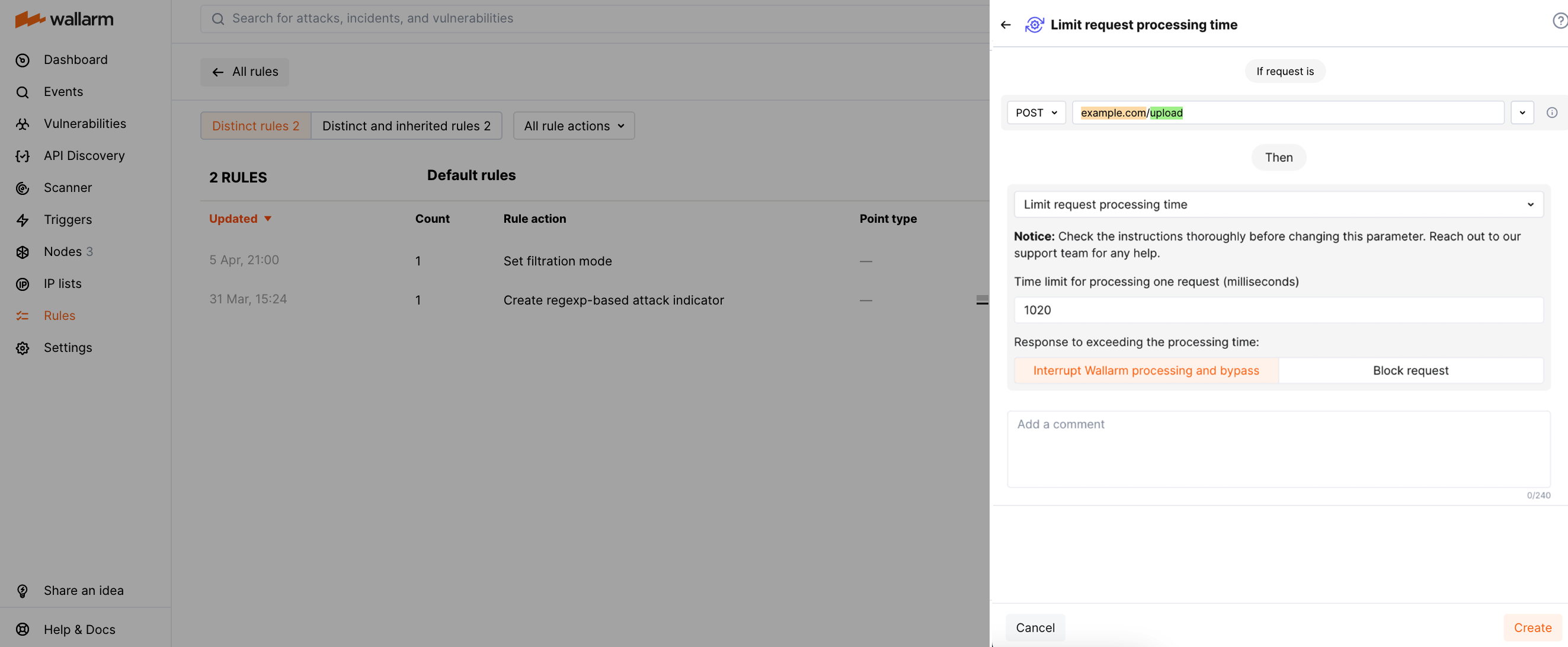 The "Register and display in the events" rule example