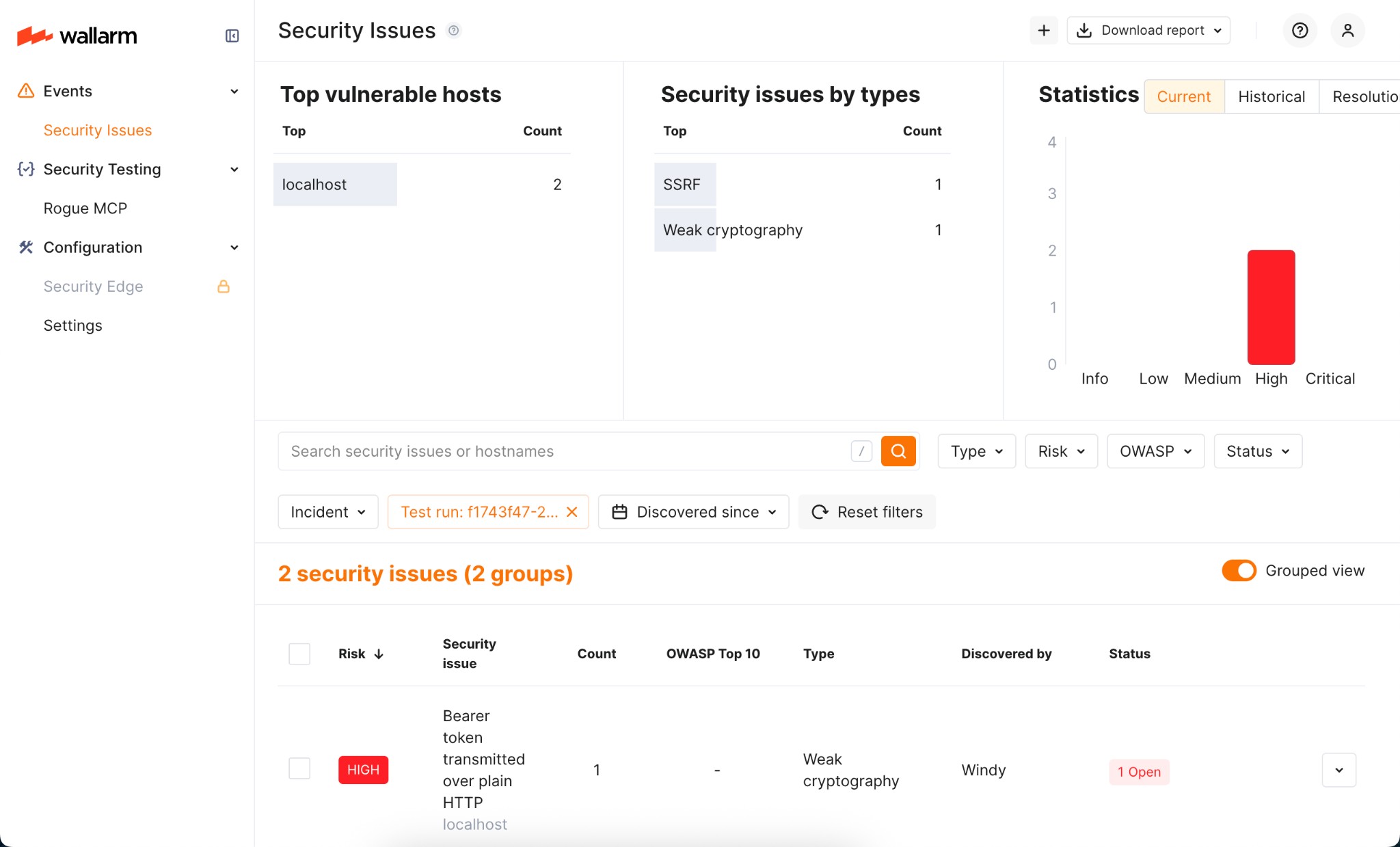 Security Issues filtered by test run