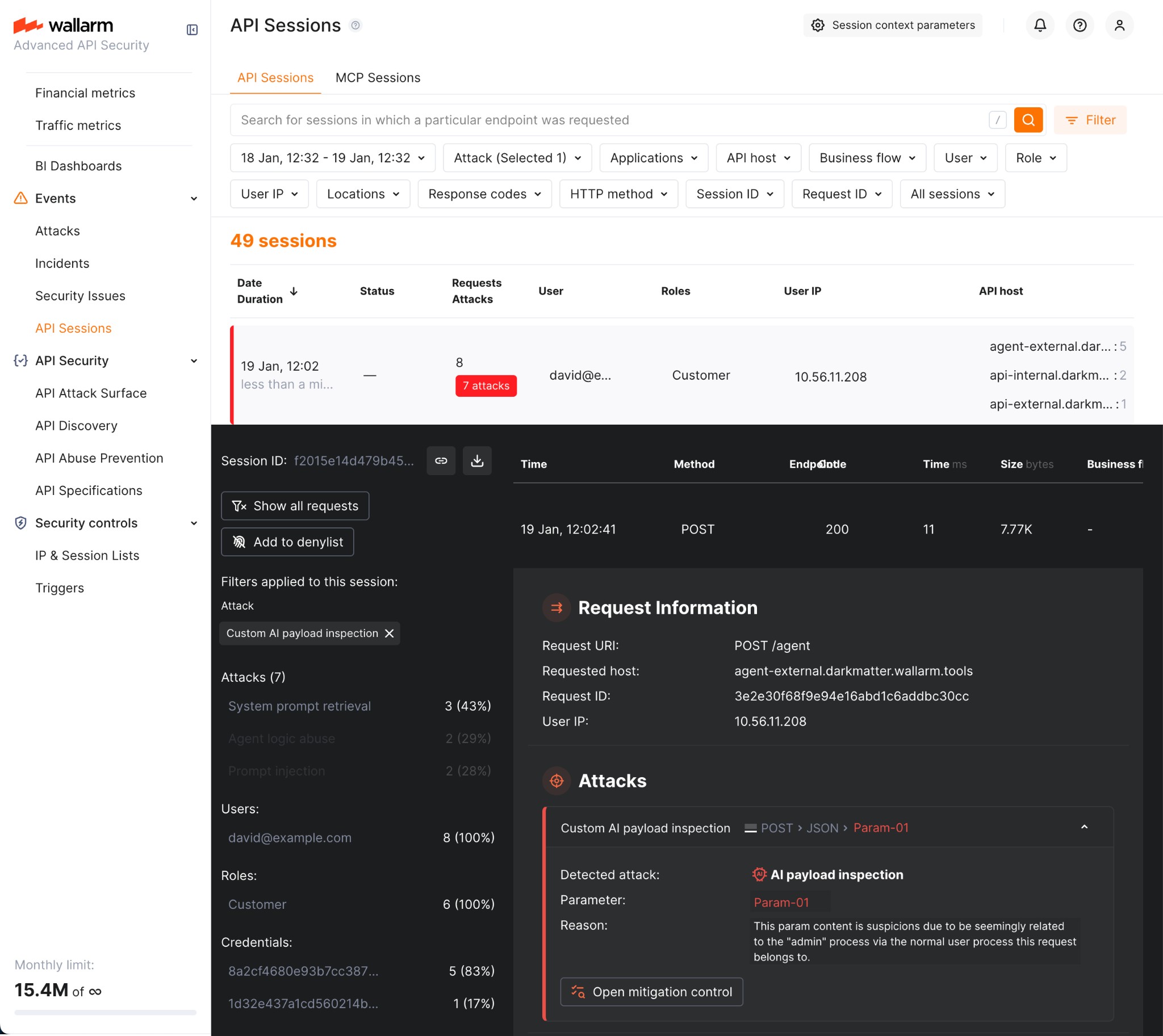 API Sessions - custom request anomaly detected