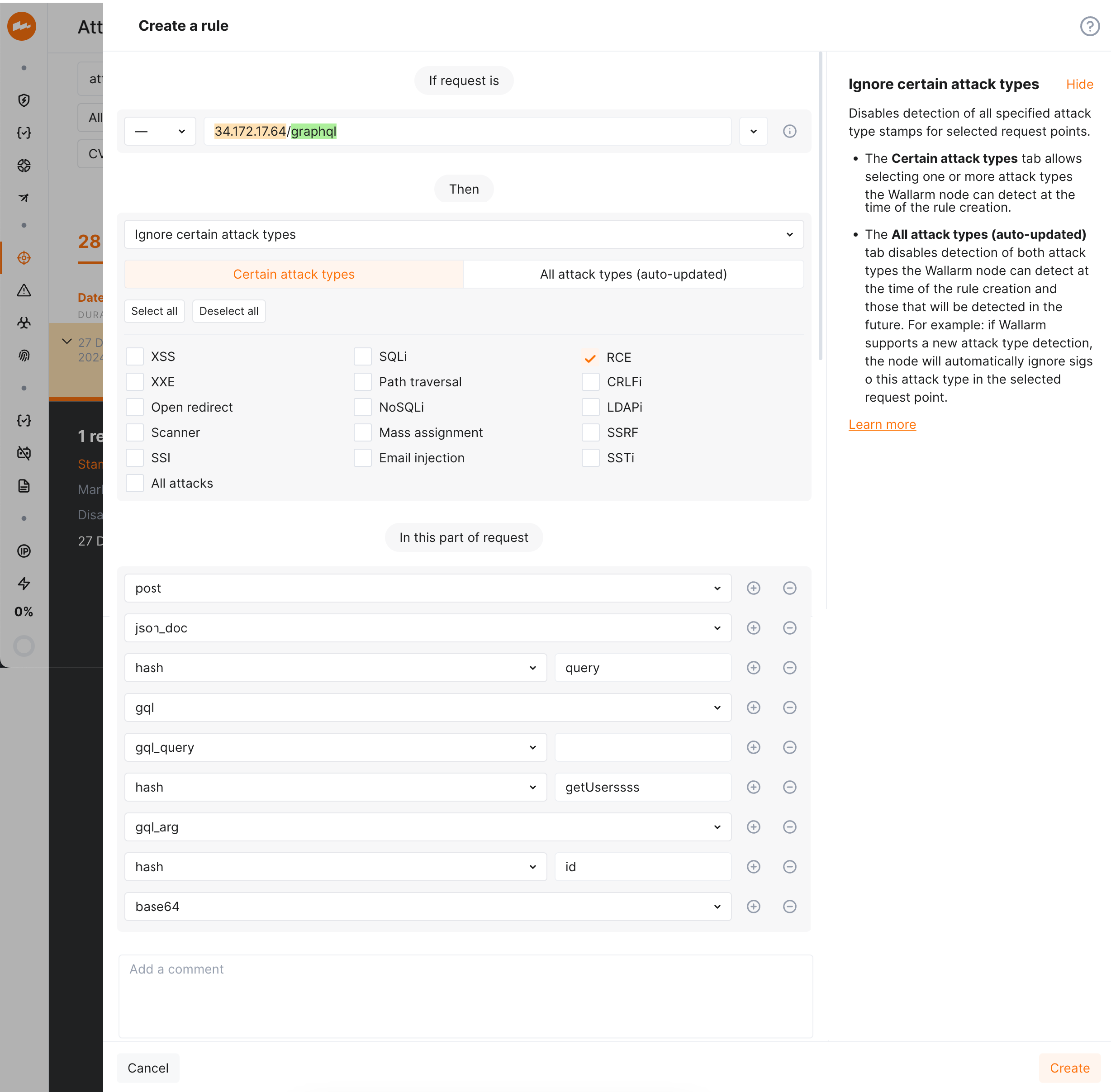 Example of the rule applied to GraphQL request point"