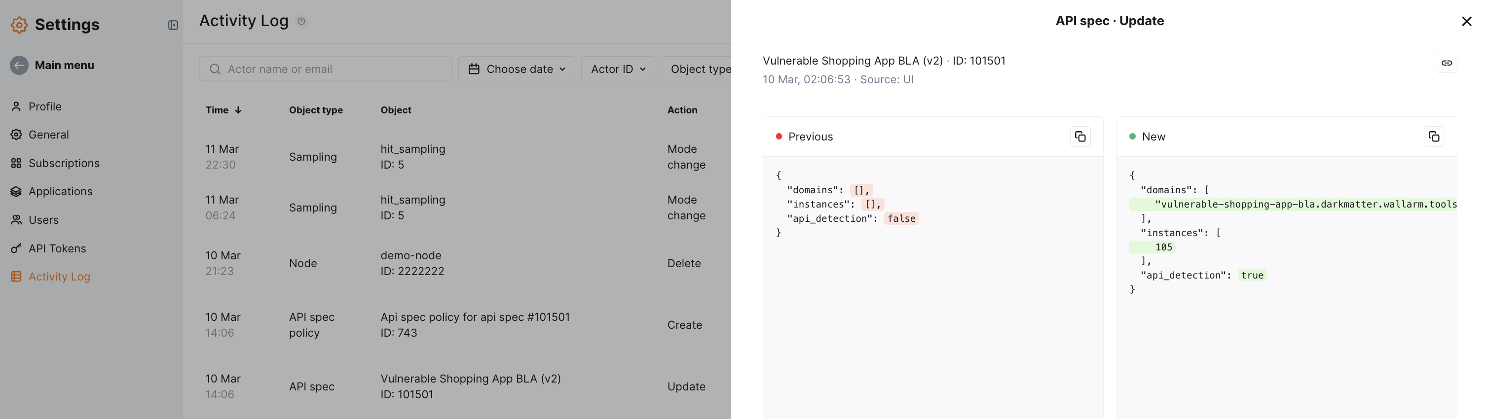 Activity log - details of activity