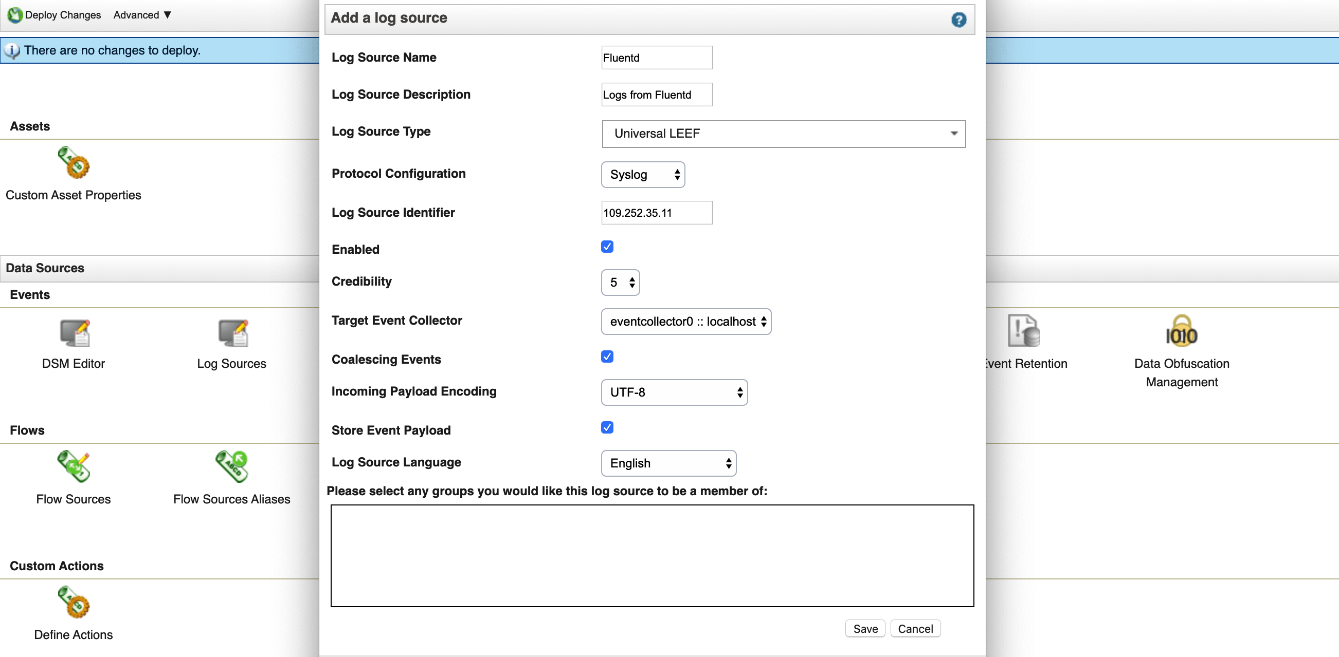 QRadar log source setup for Fluentd