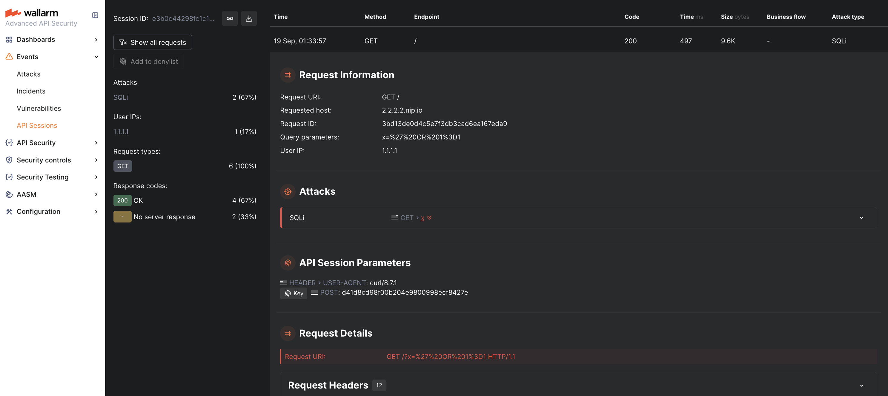 Wallarm Console: malicious request in API Sessions