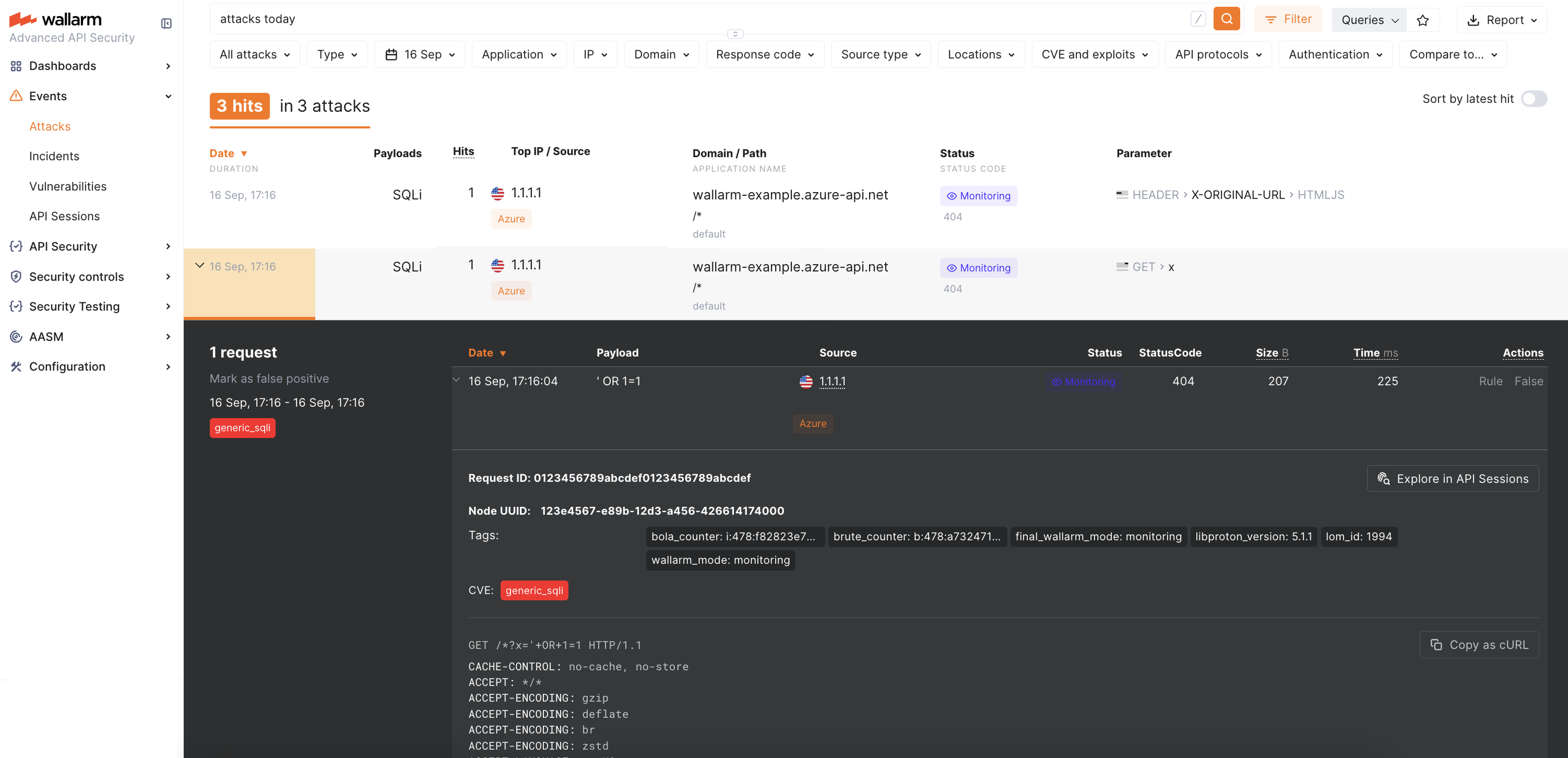 SQLi attacks in the interface (Azure APIM connector for Wallarm)