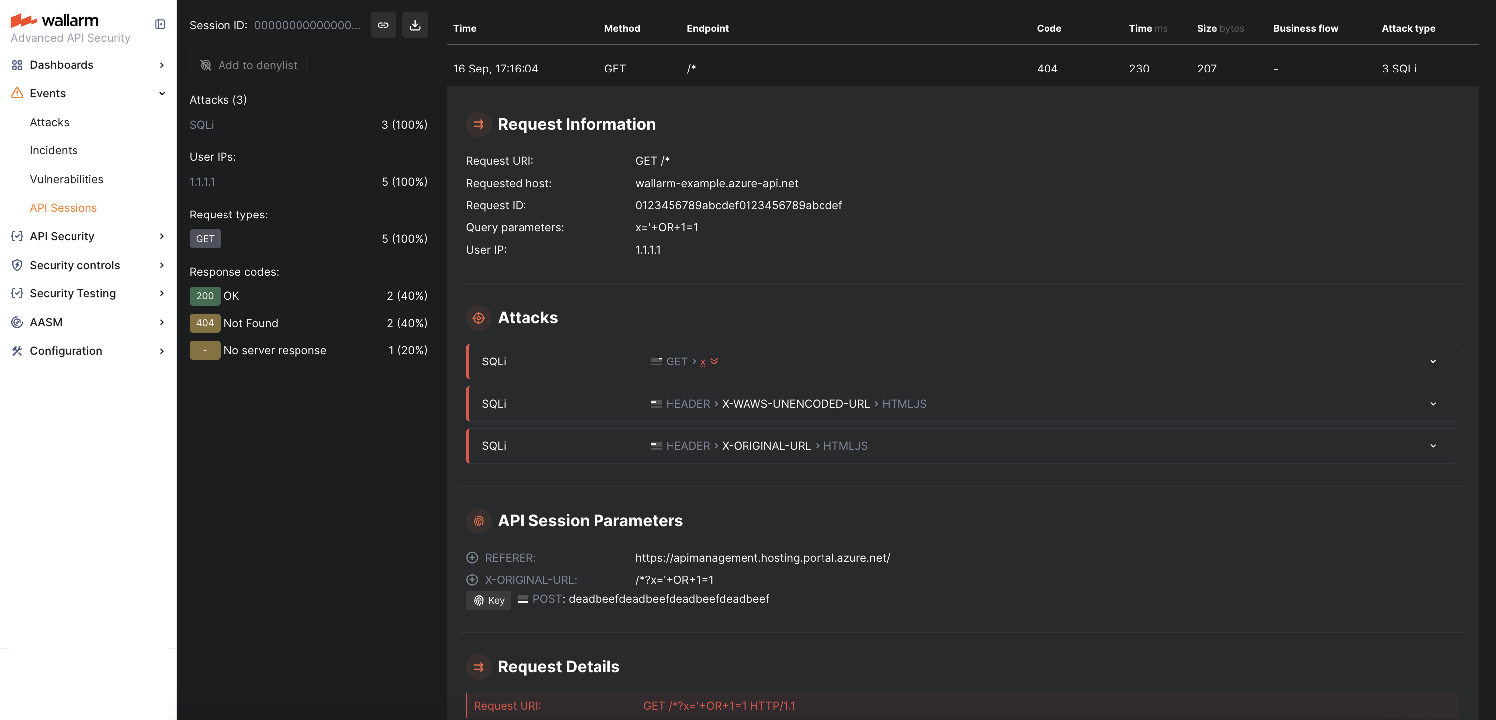 Wallarm Console: malicious request in API Sessions