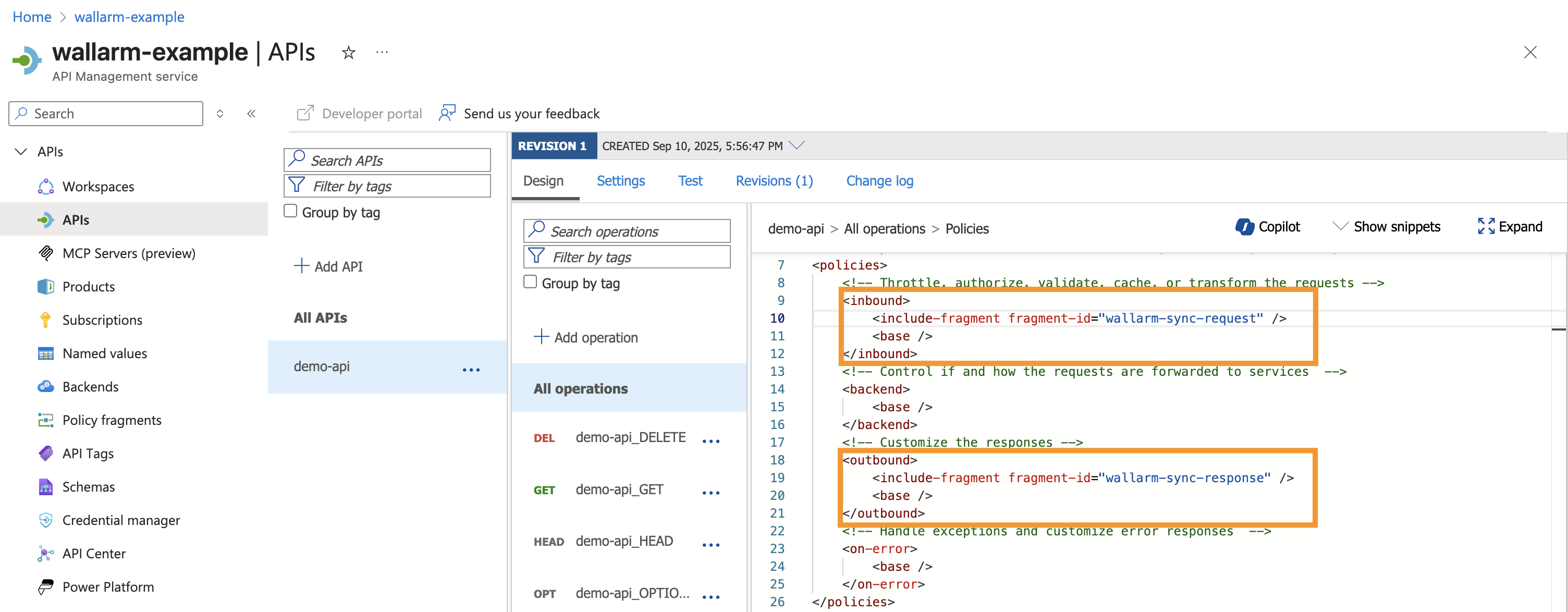 Wallarm policy fragment applied to individual API on Azure APIM